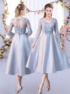 Nice Silver V-neck Lace Up Lace Wedding Party Dress 3 4 Length Sleeve