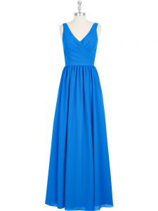 Custom Design Royal Blue Empire Chiffon V-neck Sleeveless Ruching Floor Length Zipper Prom Gown