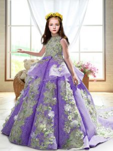 Appliques Pageant Dress for Teens Lavender Backless Sleeveless Court Train