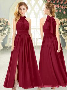 Wine Red Chiffon Zipper Prom Evening Gown Sleeveless Ankle Length Ruching