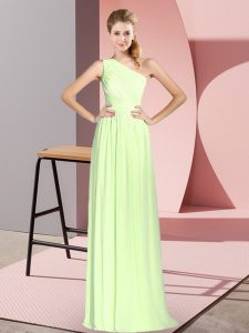 Yellow Green Chiffon Lace Up One Shoulder Sleeveless Floor Length Prom Dress Ruching