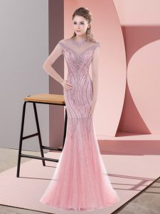 Scoop Cap Sleeves Sweep Train Zipper Prom Gown Pink Tulle