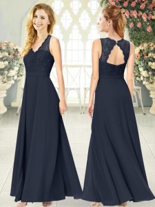 Spectacular Empire Dress for Prom Black V-neck Chiffon Sleeveless Ankle Length Zipper