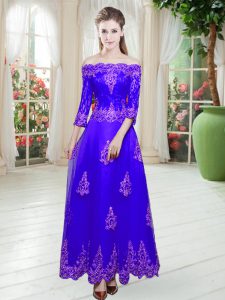 Cute Tulle Off The Shoulder 3 4 Length Sleeve Lace Up Lace Prom Gown in Purple
