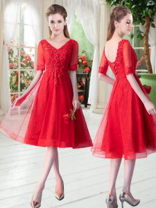 Elegant Half Sleeves Knee Length Beading and Appliques Lace Up Dress for Prom with Red