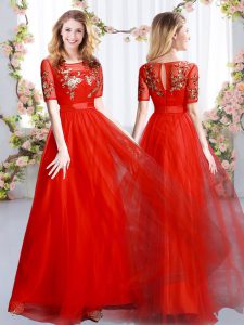 Excellent Red Empire Tulle Scoop Short Sleeves Appliques Floor Length Zipper Bridesmaid Gown