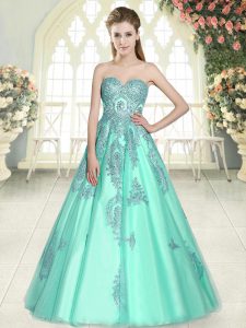Floor Length Lace Up Prom Evening Gown Apple Green for Prom and Party with Appliques