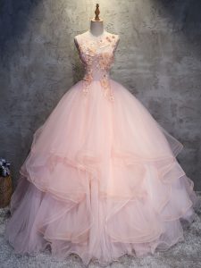 Pretty Ball Gowns Ball Gown Prom Dress Pink Scoop Tulle Sleeveless Floor Length Lace Up