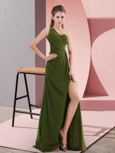 Delicate Chiffon One Shoulder Sleeveless Backless Beading in Olive Green