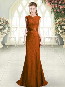 Suitable Brown Backless Scoop Lace Dress for Prom Cap Sleeves Sweep Train