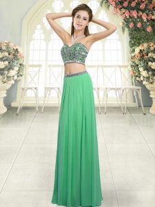 Exquisite Green Two Pieces Sweetheart Sleeveless Chiffon Floor Length Backless Beading Homecoming Dress