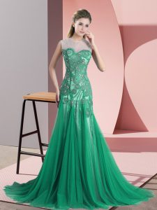 Backless Prom Dresses Green for Prom and Party and Military Ball with Beading and Appliques Sweep Train