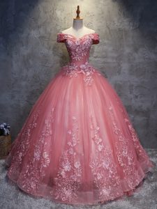 Elegant Floor Length Watermelon Red Ball Gown Prom Dress Off The Shoulder Sleeveless Lace Up