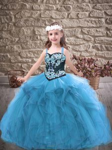 Wonderful Floor Length Ball Gowns Sleeveless Baby Blue Pageant Gowns Lace Up