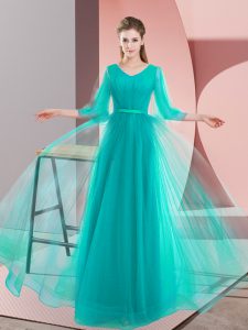 Charming Long Sleeves Tulle Floor Length Lace Up Homecoming Dress in Turquoise with Beading