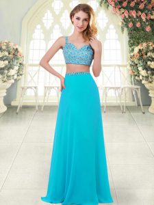 Elegant Floor Length Zipper Prom Party Dress Aqua Blue for Prom and Party with Beading
