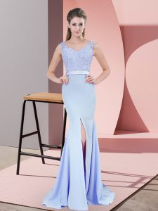 Attractive Baby Blue V-neck Neckline Beading and Lace Prom Dress Sleeveless Zipper