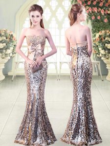 Silver Strapless Neckline Beading and Sequins and Bowknot Womens Evening Dresses Sleeveless Zipper