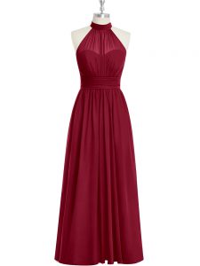 Top Selling Burgundy High-neck Side Zipper Ruching Prom Dress Sleeveless