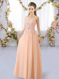 Peach Sleeveless Floor Length Lace and Belt Lace Up Damas Dress