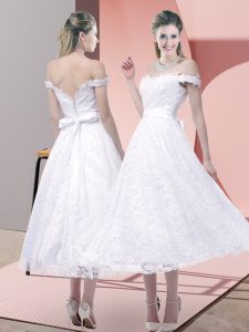 Fashionable Tea Length Criss Cross Homecoming Dress White for Prom and Party and Wedding Party with Belt