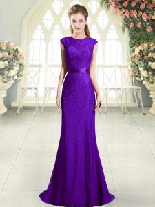 Perfect Dark Purple Prom Dress Prom and Party with Beading Scoop Sleeveless Sweep Train Backless