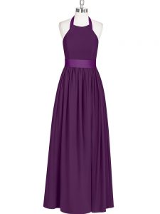 Extravagant Sleeveless Floor Length Ruching Zipper Prom Dresses with Eggplant Purple