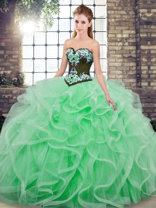 Charming Sweetheart Sleeveless Quince Ball Gowns Sweep Train Embroidery and Ruffles Apple Green Tulle