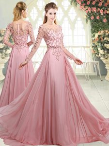 Amazing Pink Zipper Prom Evening Gown Beading Long Sleeves Sweep Train