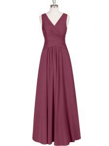 Burgundy V-neck Zipper Ruching Evening Dress Sleeveless