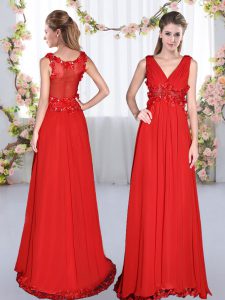 Luxurious Chiffon V-neck Sleeveless Side Zipper Beading and Appliques Quinceanera Dama Dress in Red