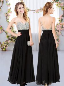Floor Length Black Bridesmaids Dress V-neck Sleeveless Backless