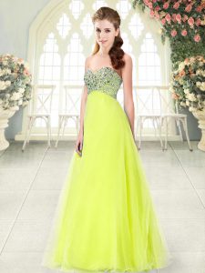 Floor Length Yellow Green Prom Dresses Tulle Sleeveless Beading