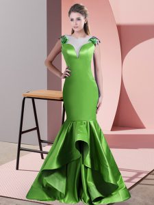 Graceful Green Sleeveless Satin Sweep Train Side Zipper Prom Party Dress for Prom and Party and Military Ball