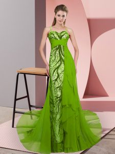 Spaghetti Straps Sleeveless Sweep Train Zipper Prom Party Dress Green Tulle