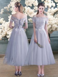 Grey Off The Shoulder Neckline Lace and Appliques Prom Dress Short Sleeves Lace Up