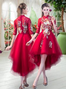 High-neck Half Sleeves Prom Dresses High Low Appliques Red Tulle