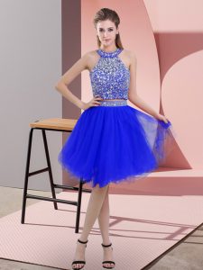 Sleeveless Knee Length Beading Backless Prom Dress with Royal Blue