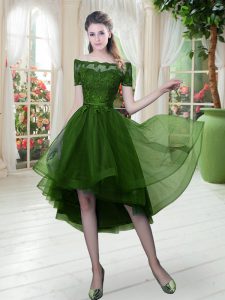 Off The Shoulder Short Sleeves Prom Dresses High Low Lace Green Tulle