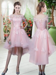 Custom Fit Baby Pink A-line Off The Shoulder Half Sleeves Tulle High Low Lace Up Lace and Appliques Prom Dresses