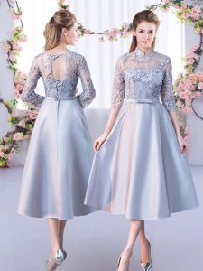 Tea Length A-line Half Sleeves Silver Bridesmaids Dress Lace Up