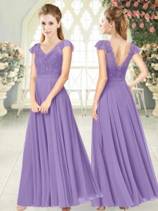 Traditional V-neck Cap Sleeves Zipper Prom Gown Lavender Chiffon