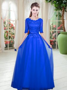 Royal Blue Half Sleeves Tulle Lace Up Homecoming Dress for Prom and Party