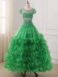 V-neck Cap Sleeves Organza Pageant Dresses Beading and Ruffles Lace Up