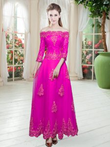 Low Price Lace and Appliques Prom Party Dress Fuchsia Lace Up 3 4 Length Sleeve Ankle Length