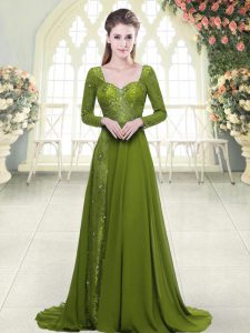 Olive Green A-line Sweetheart Long Sleeves Chiffon Sweep Train Backless Beading Prom Gown