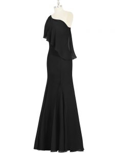 Black Chiffon Side Zipper One Shoulder Sleeveless Floor Length Prom Dresses Ruching