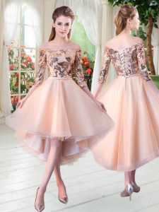 3 4 Length Sleeve Tulle High Low Lace Up Prom Gown in Peach with Sequins
