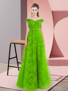Delicate Floor Length Green Prom Dresses Off The Shoulder Sleeveless Lace Up