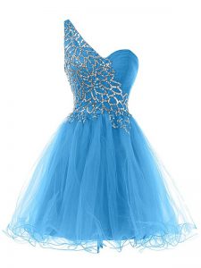 Blue A-line Tulle One Shoulder Sleeveless Beading Mini Length Lace Up Homecoming Dress